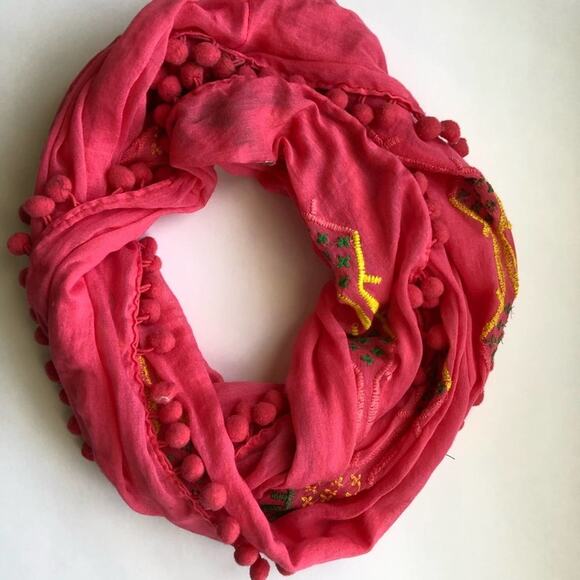NWT Preppy Pink Infinity Scarf, Pom Pom Trim - Picture 2 of 4